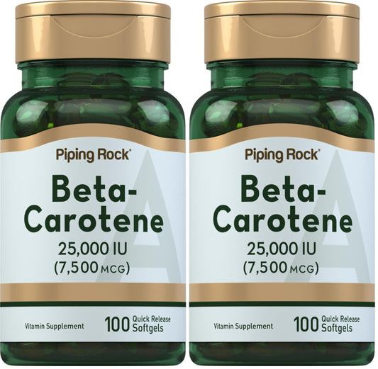 Front view of Piping Rock Beta Carotene Softgels bottle showing 25,000 IU per softgel