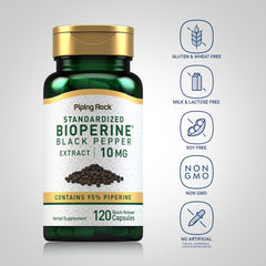 Piping Rock Bioperine supplement facts label close-up, showing standardized 95% piperine guarantee