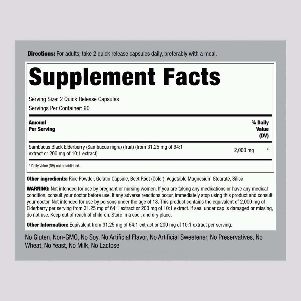 Packaging of Piping Rock Black Elderberry Capsules with label