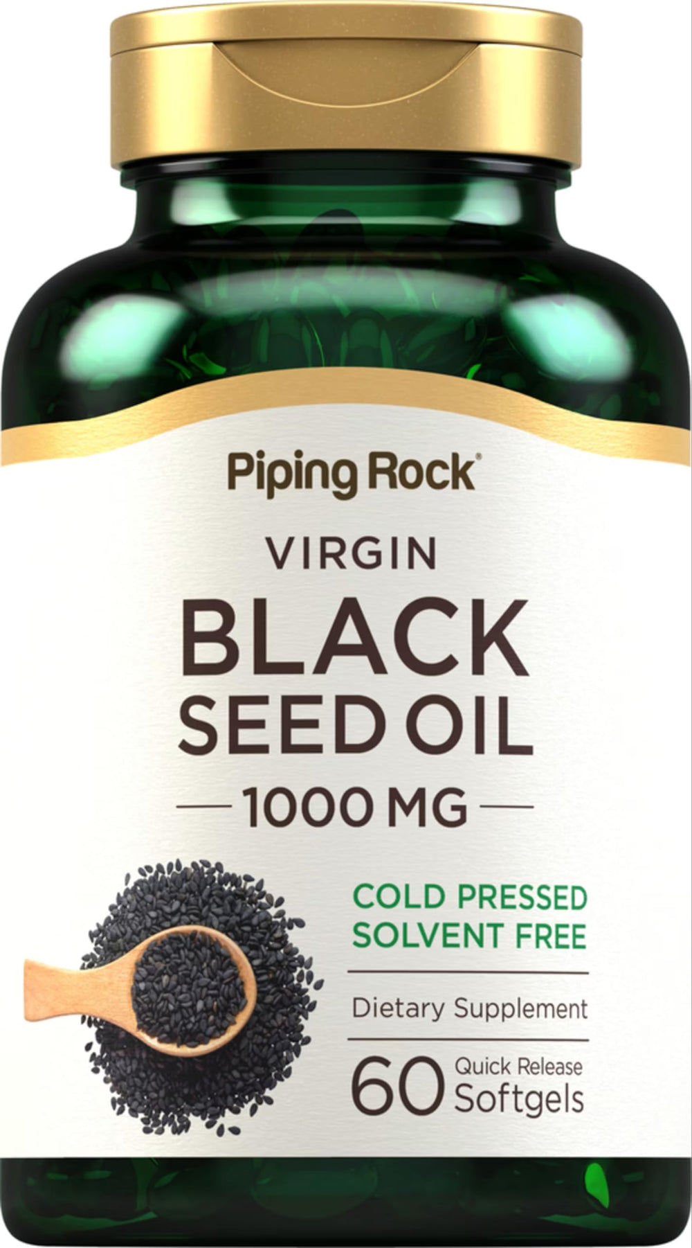 Piping Rock Black Seed Oil Softgel Capsules bottle label on white background