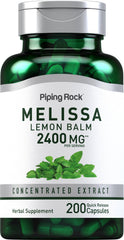 Piping Rock bottle front showing 200-count lemon balm capsules and clear labeling benefit: long supply