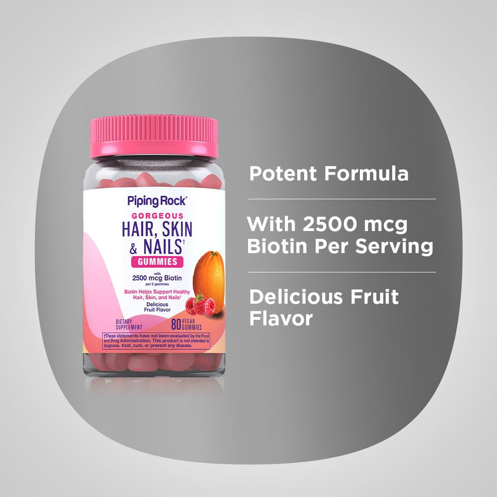 Piping Rock open bottle with gummies spilling, conveys quantity and portability benefit