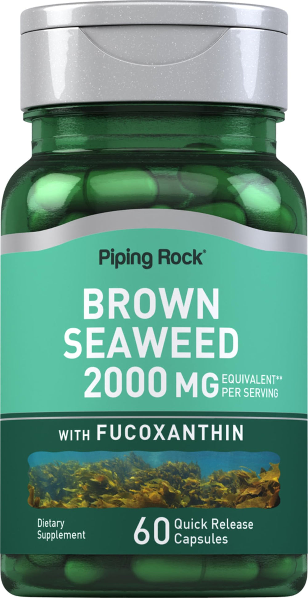 Bottle of Piping Rock Brown Seaweed Capsules 2000mg - 60 Count on white background