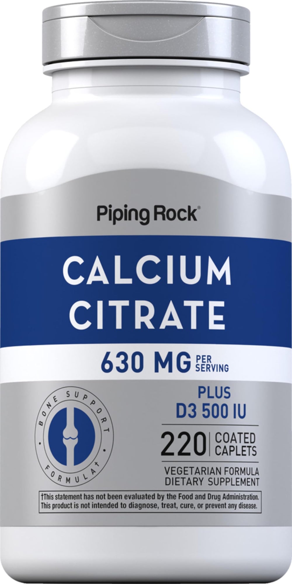 Piping Rock bottle front view showing caplets and benefits