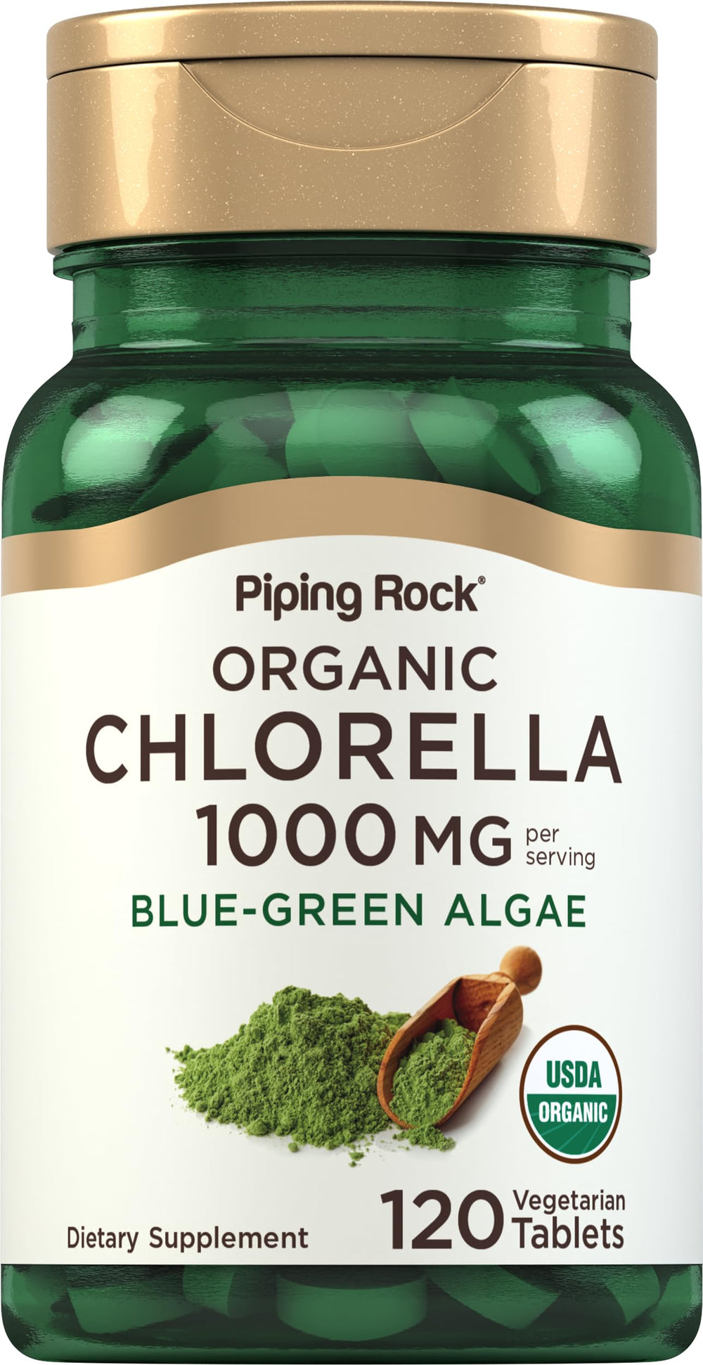 Piping Rock bottle front view showing chlorella tablets and label clarity
