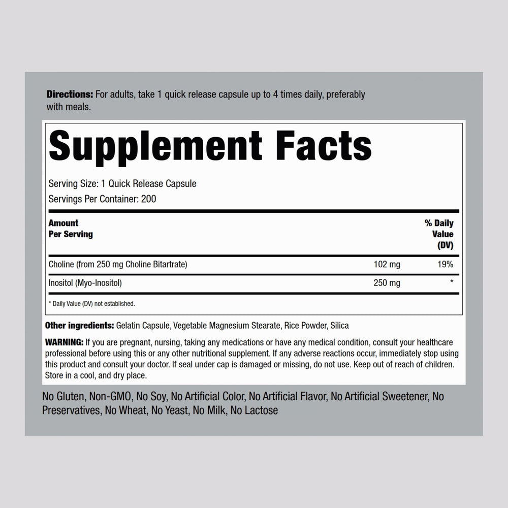 Close-up of label: Choline Bitartrate and Myo-Inositol 500mg