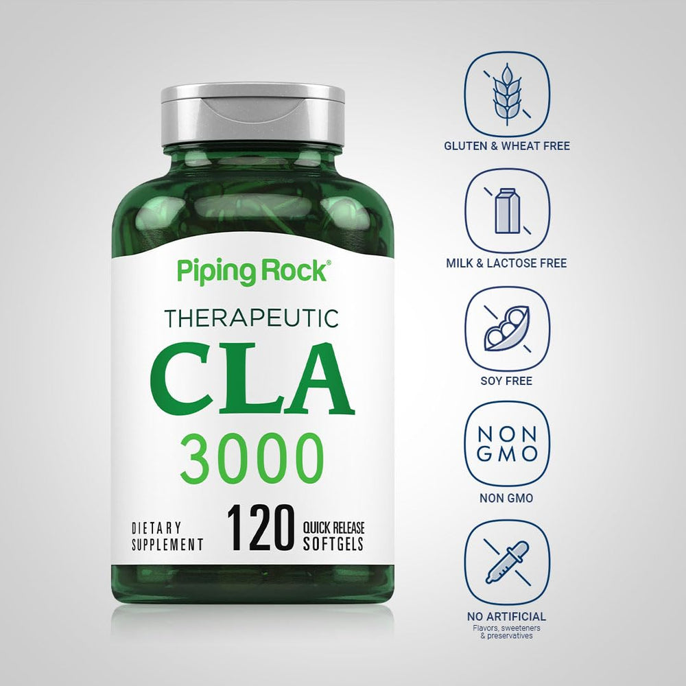 Piping Rock softgel cutaway revealing safflower oil blend and concentrated CLA contents