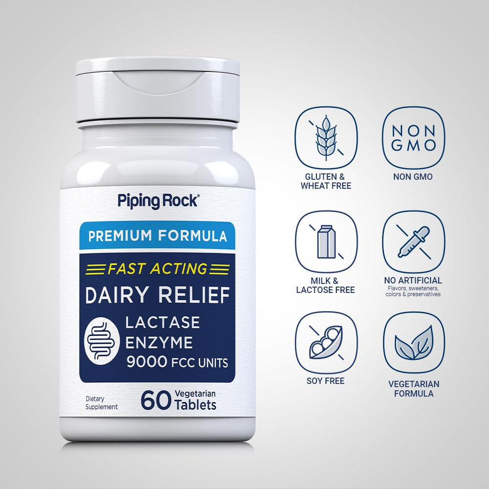 Piping Rock Dairy Relief Pills packaging box with tablets