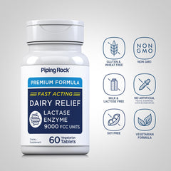 Piping Rock Dairy Relief Pills packaging box with tablets