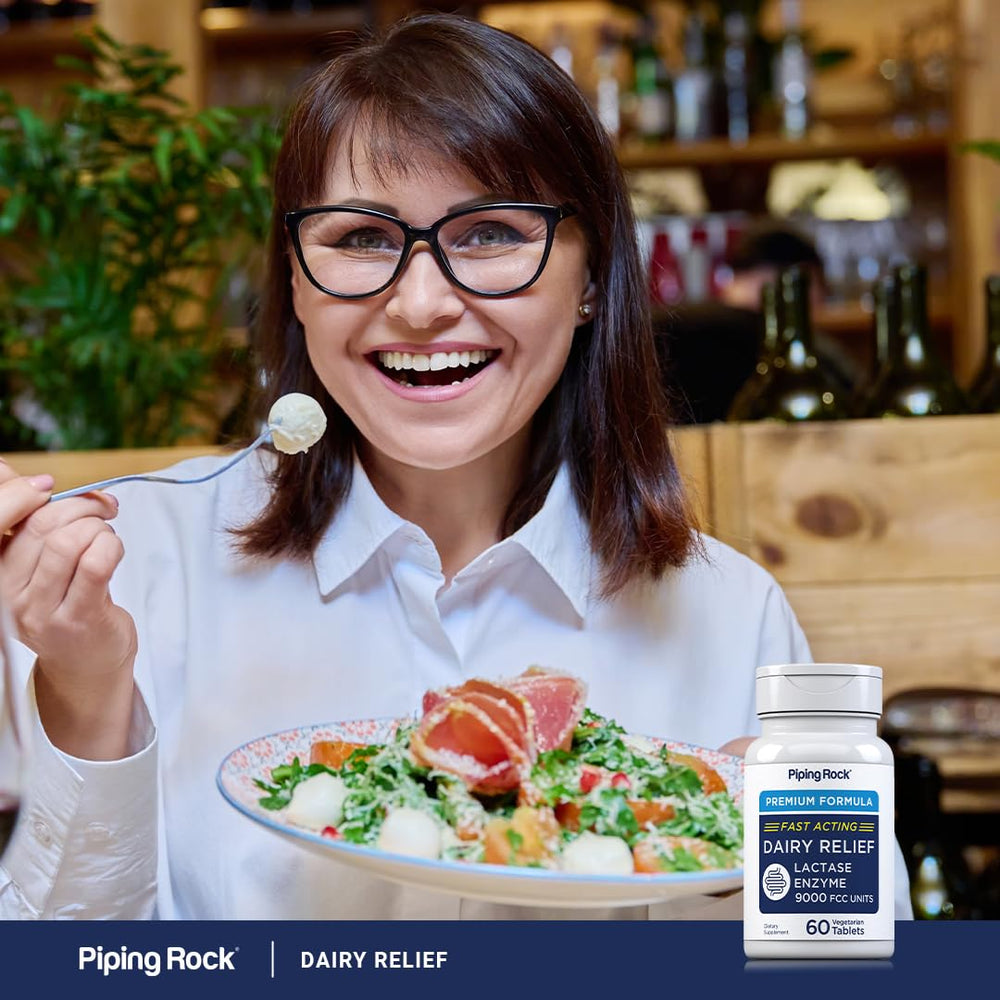 Dairy Relief Pills packaging highlighting vegetarian, non-GMO, gluten free
