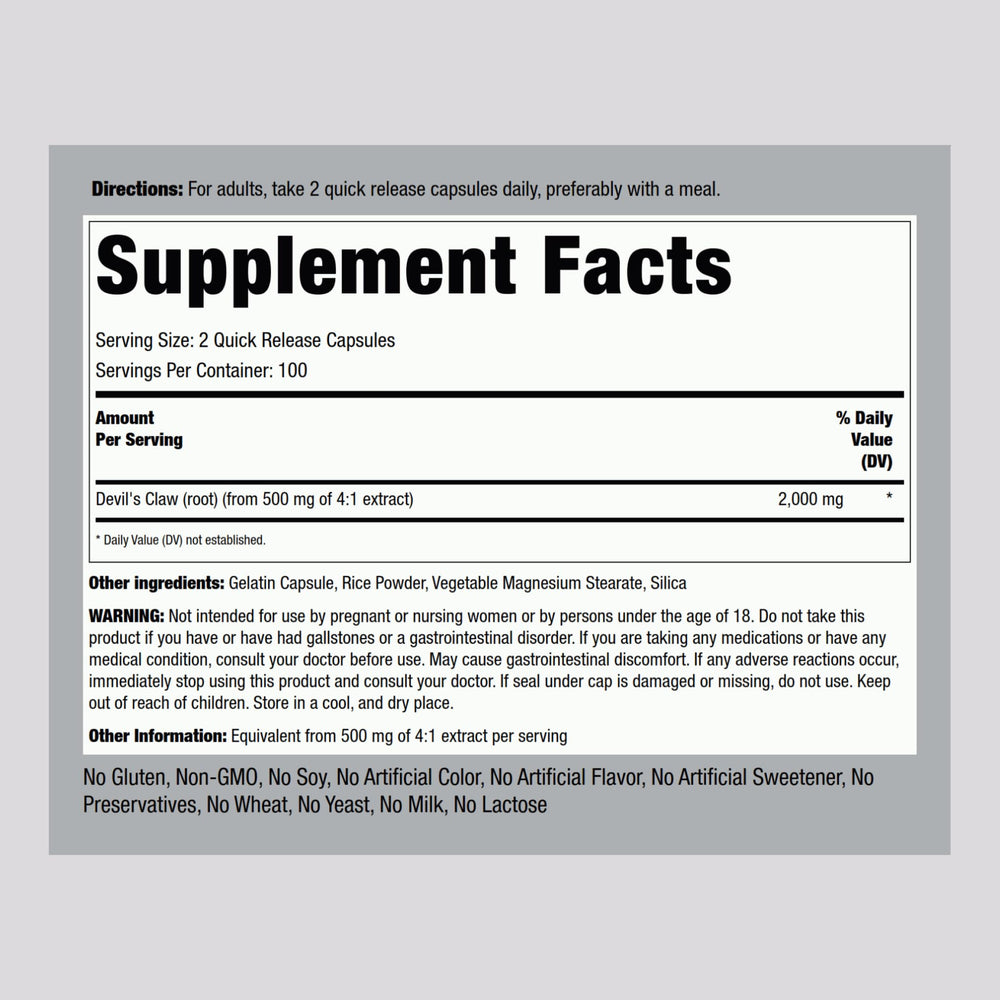 Piping Rock Devils Claw 2000mg bottle – back label