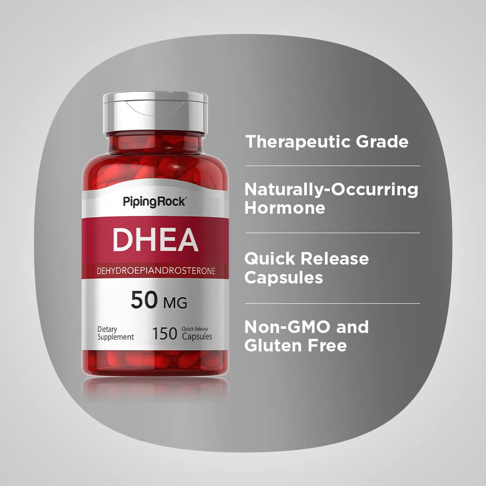 Piping Rock DHEA capsule next to coin for scale, demonstrates compact capsule size