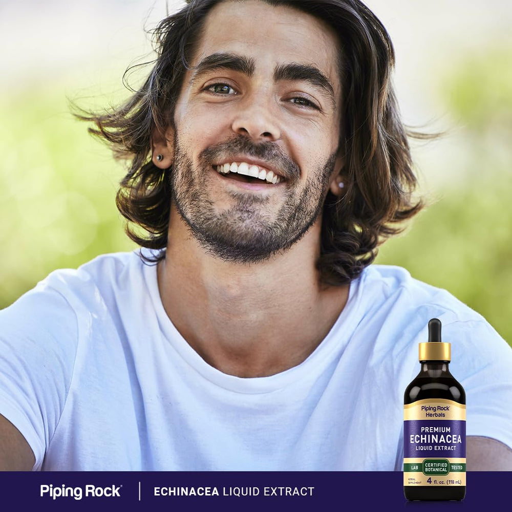 Piping Rock echinacea bottle beside a glass of water in kitchen showing convenience benefit