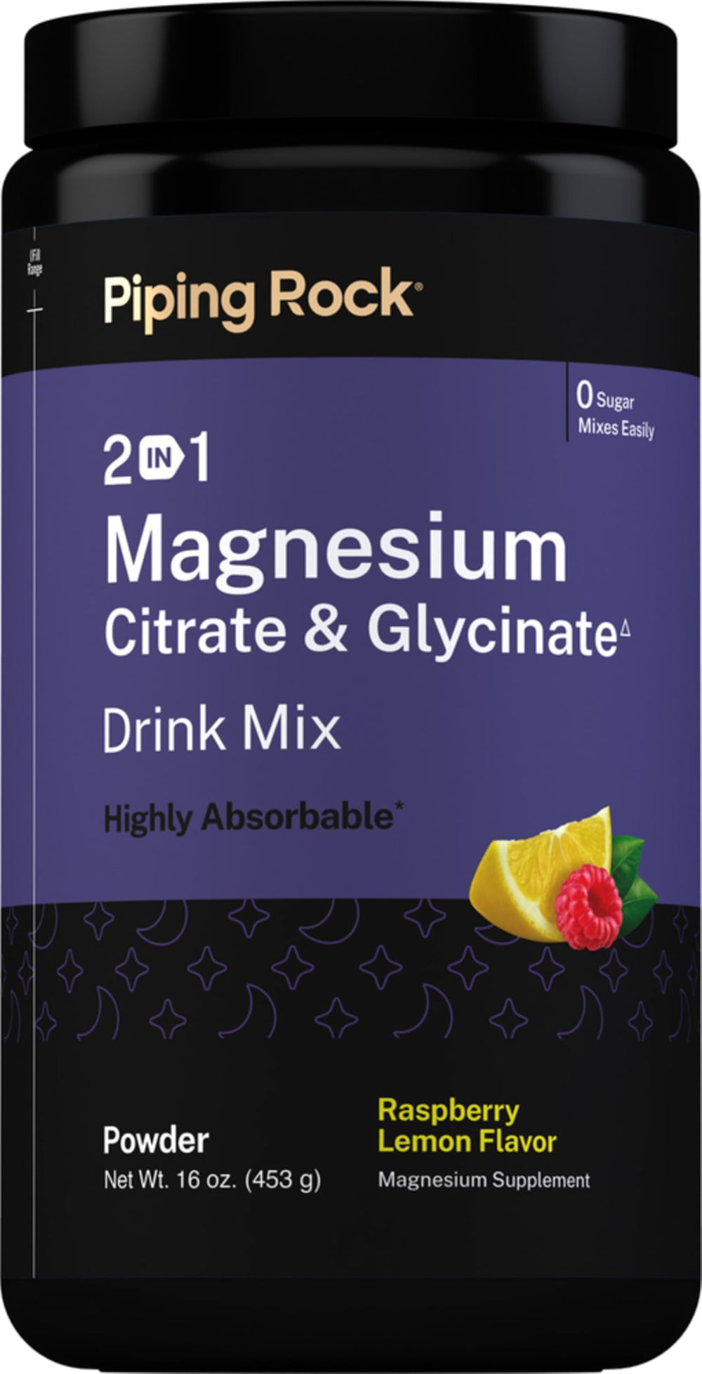 Piping Rock front label showing 16 oz magnesium powder and flavor benefit