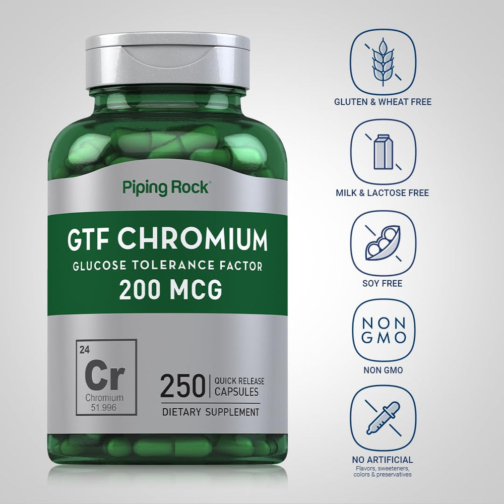 250-count bottle image of GTF Chromium 200 mcg