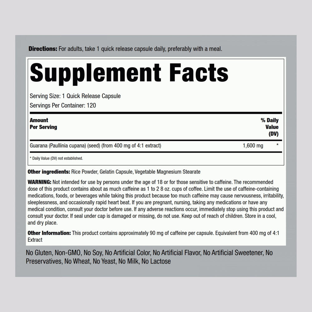 Piping Rock Guarana Capsules 1600 mg bottle back label