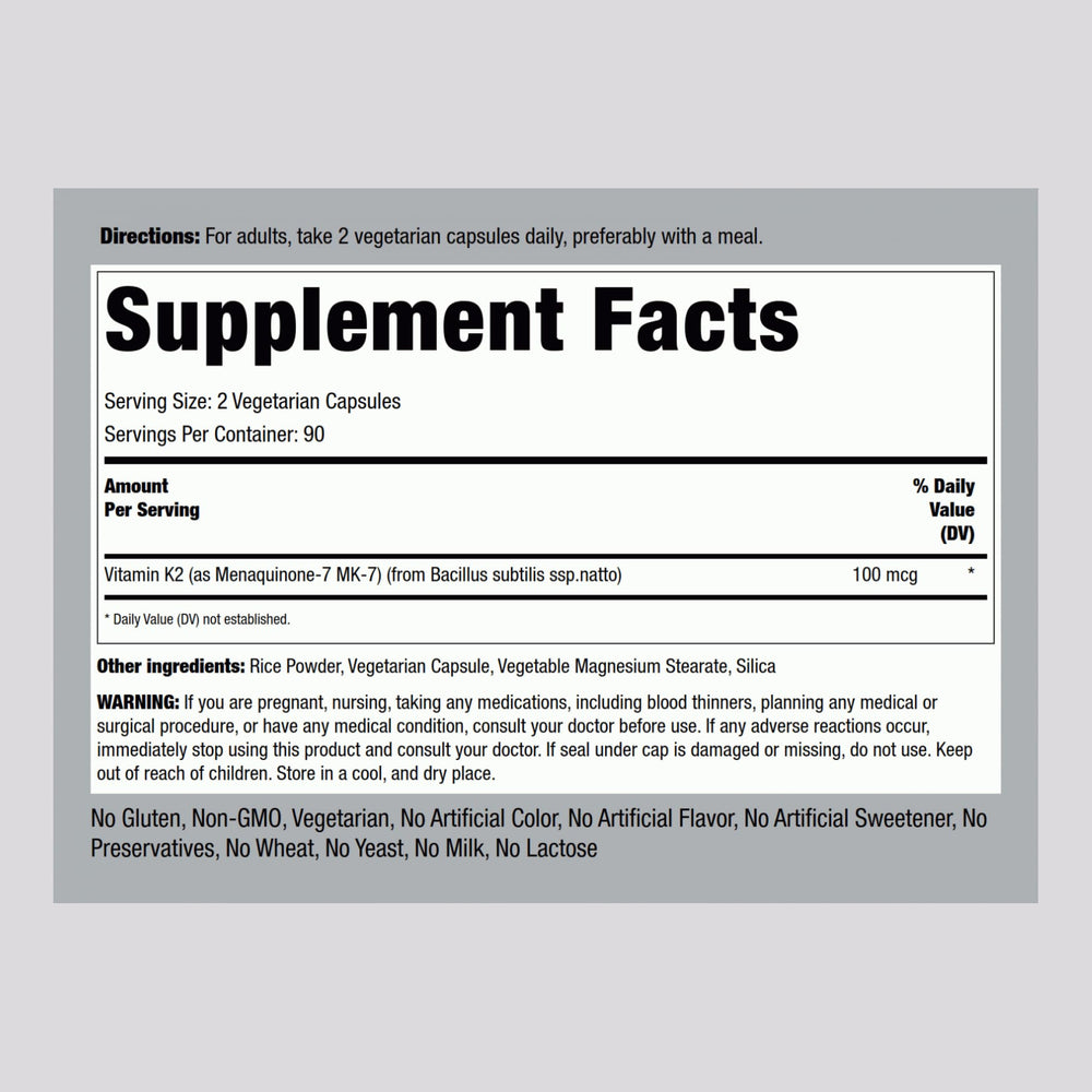 Piping Rock K2 MK7 100 mcg label close-up
