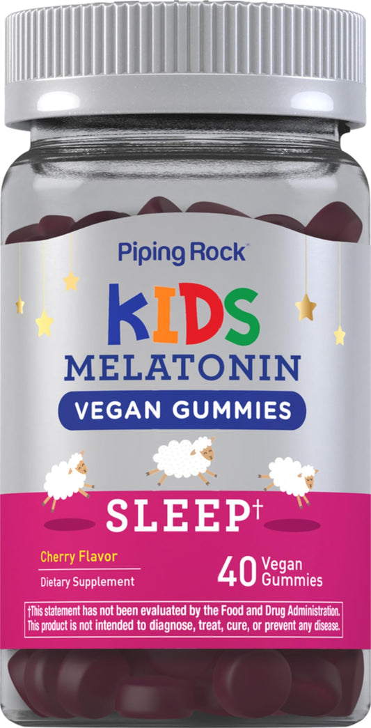 Piping Rock Kids Melatonin Gummy 1mg bottle promotes a calm bedtime routine.