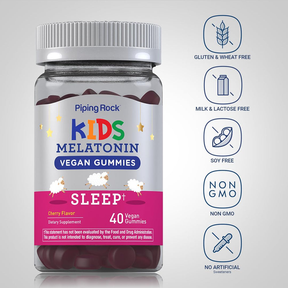 Piping Rock Kids Melatonin Gummy gummies on plate suggest easy nightly ritual.
