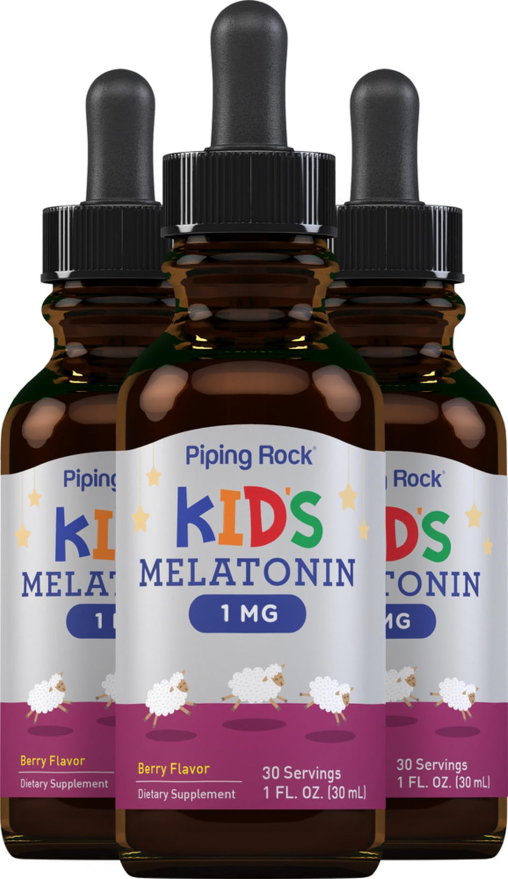 Piping Rock Kids Melatonin Liquid berry bottle front view for kid-friendly sleep