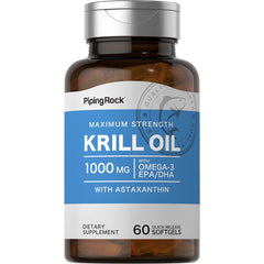 Piping Rock krill oil front packaging showing bottle and 60-count, highlights purity benefit
