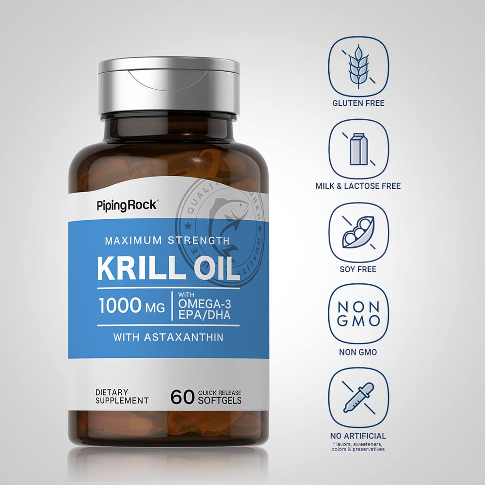 Piping Rock krill oil open bottle with softgels spilled, convenient daily supply visible