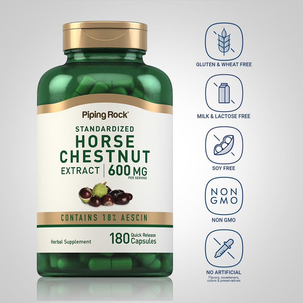 Piping Rock label detail highlighting 20% aescin standardization and calendula ingredient clarity