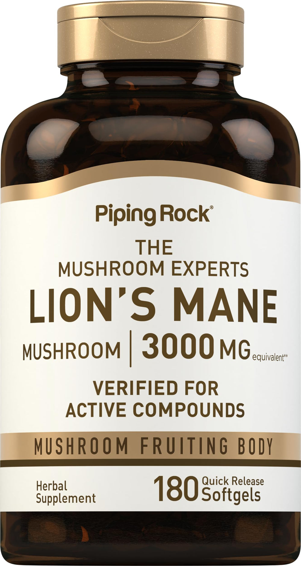 Piping Rock bottle front label showing lion's mane 180 softgels and brand