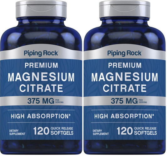 Piping Rock Magnesium Citrate bottle and 120 softgels label