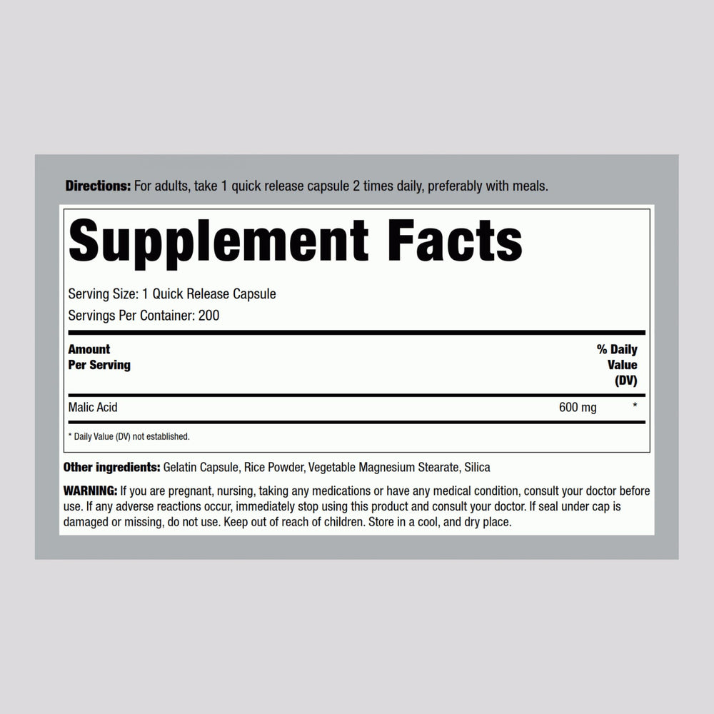 Side view of Piping Rock Malic Acid Capsules bottle