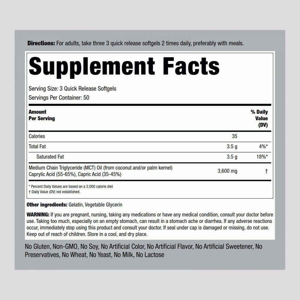 Close-up of MCT oil softgel capsules showing 3600mg per serving