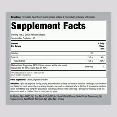 Close-up of MCT oil softgel capsules showing 3600mg per serving