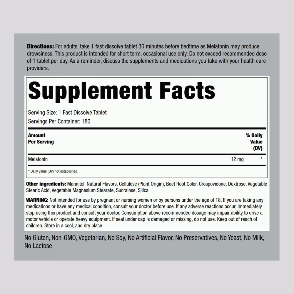 Close-up of Melatonin 12 mg Berry Flavor label