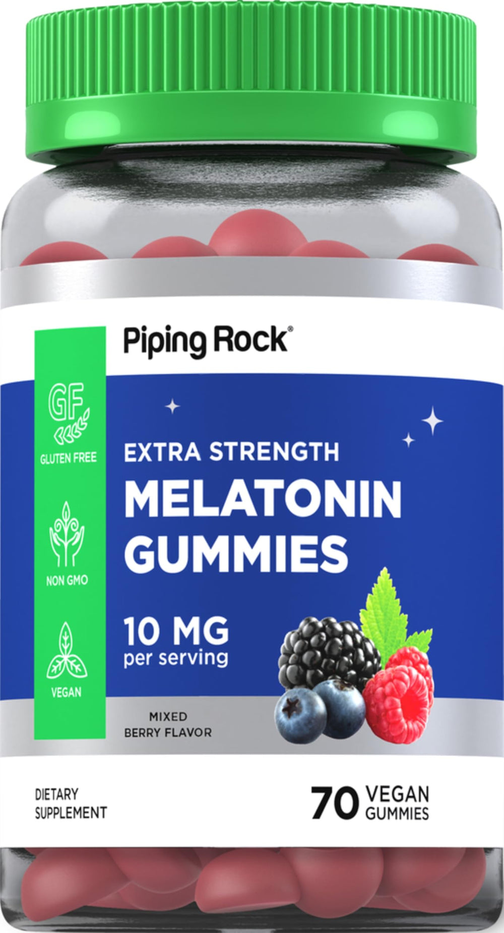Piping Rock Melatonin Gummies bottle shows 10 mg berry formula for nighttime support.