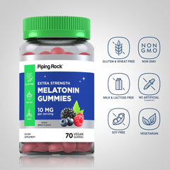 Piping Rock Melatonin Gummies 70-count vegan label for a plant-based nightly routine.