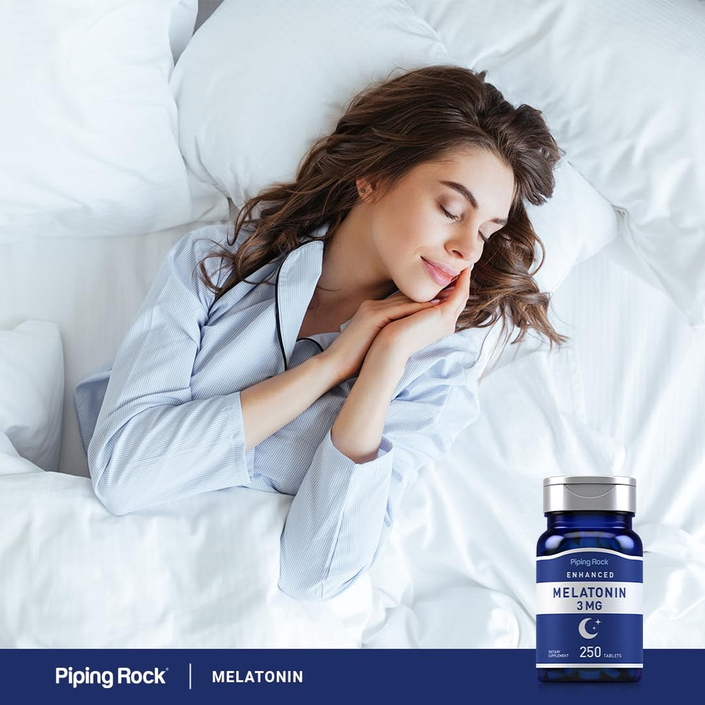 Piping Rock bottle on a nightstand next to a lamp suggesting bedtime routine support