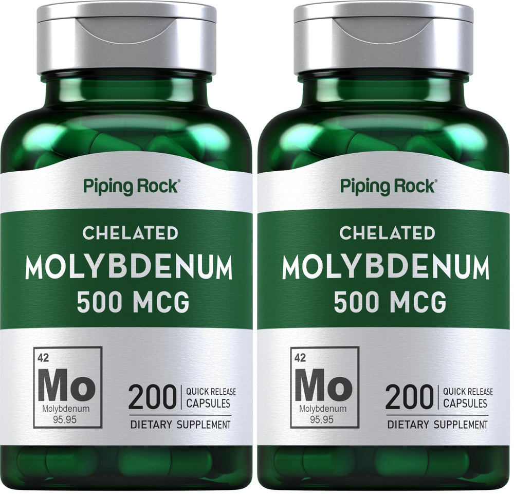 Front view of Piping Rock Molybdenum Supplement Pack of 2 (500 mcg, 200 capsules).