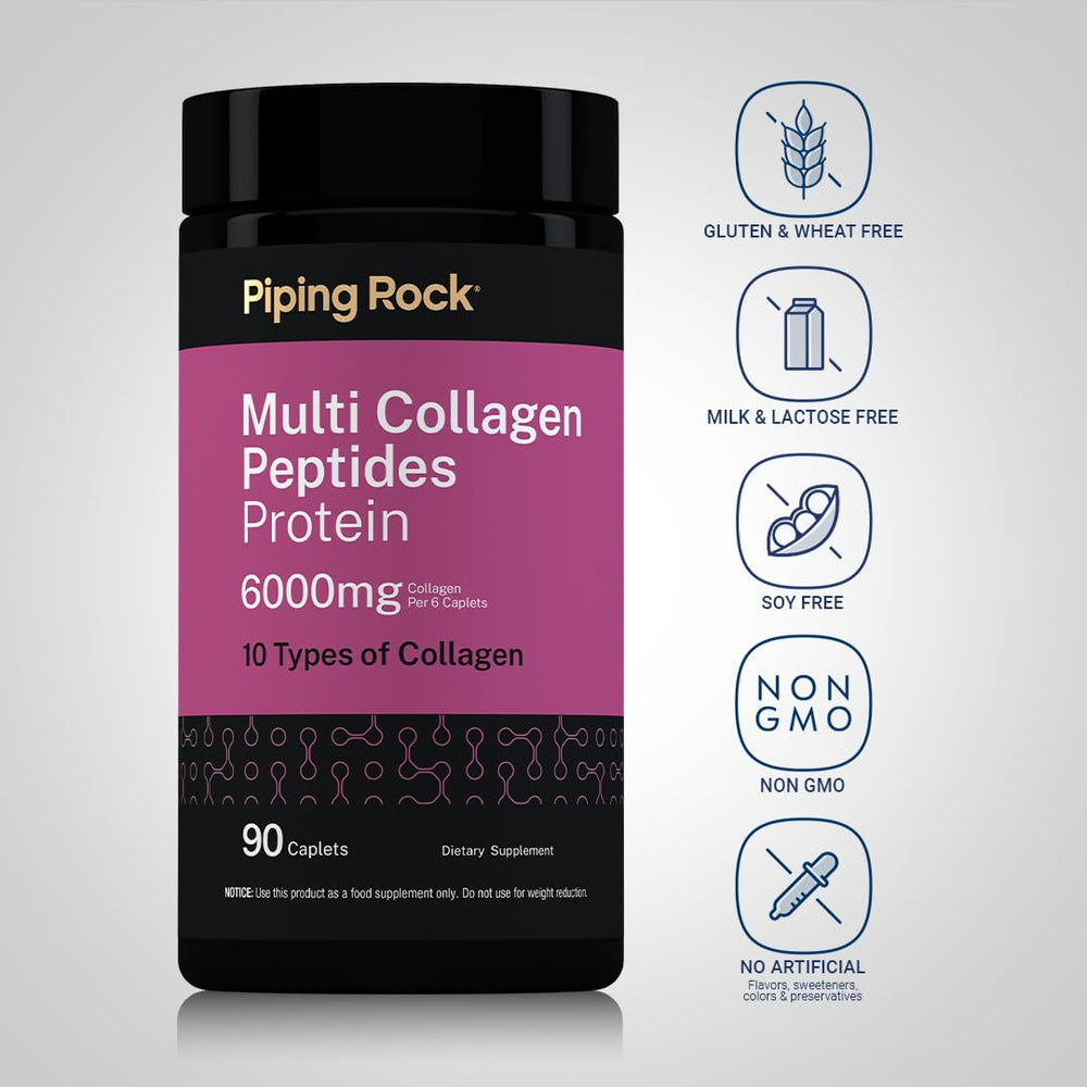 Piping Rock label close-up listing 10 collagen types and vitamin C