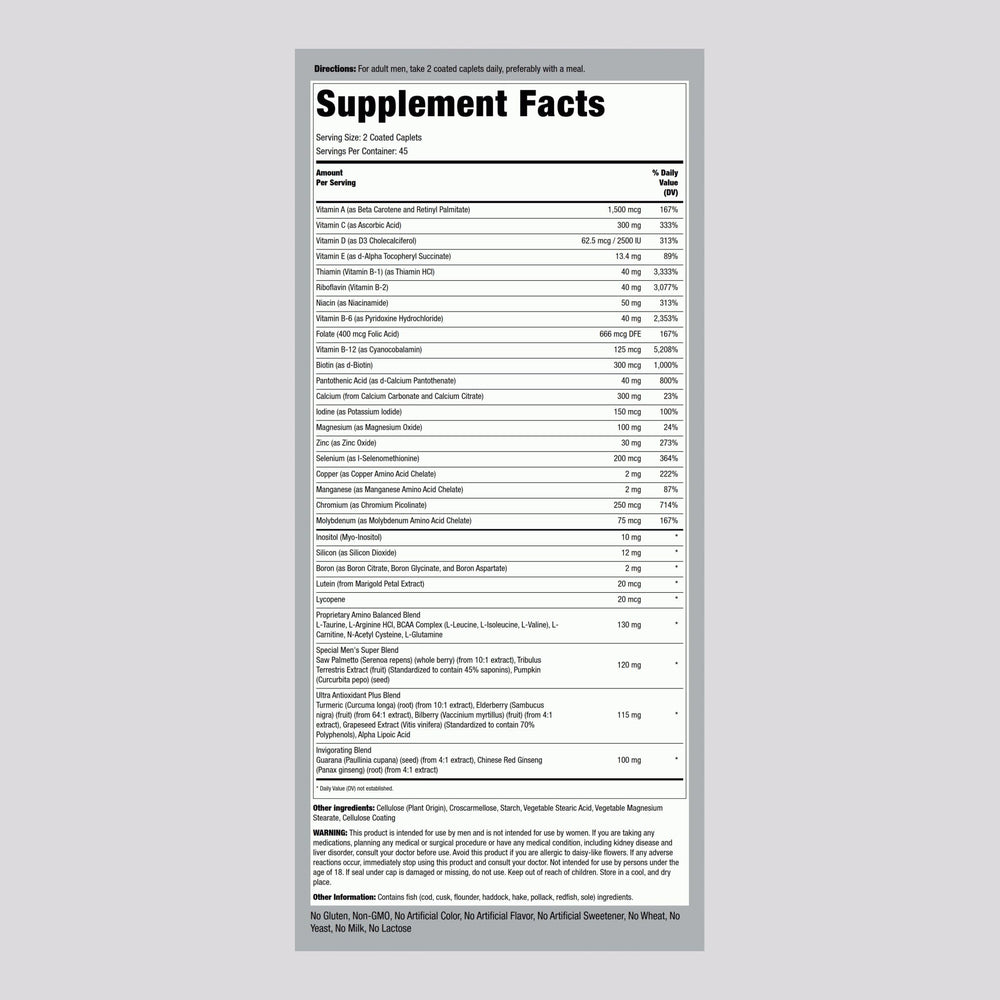 Back view of Piping Rock Multivitamin for Men 90-caplet pack (Pack of 2)