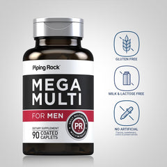 Label showing ingredients and claims for Piping Rock Multivitamin for Men
