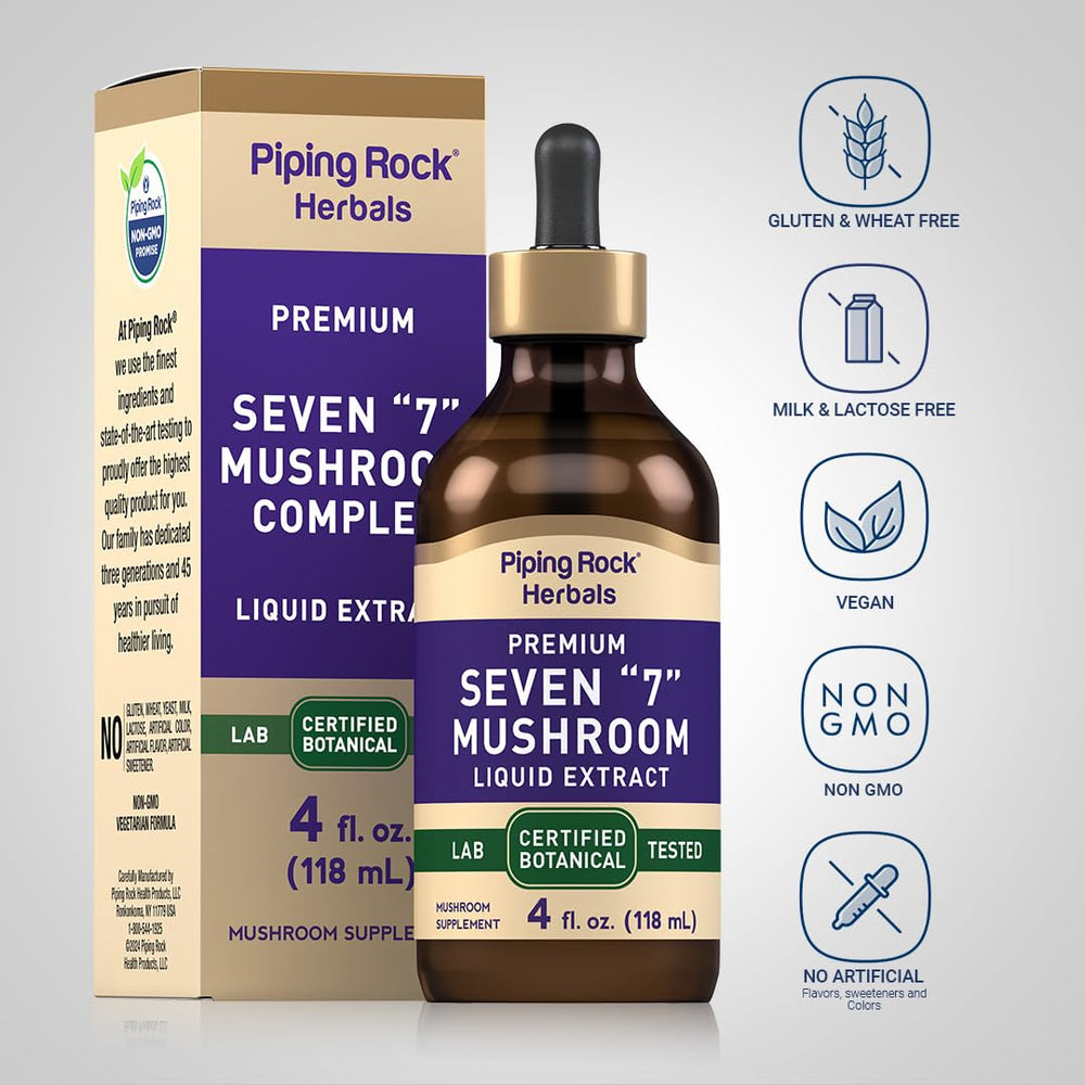 Piping Rock ingredient blend display showing mushroom variety and extract clarity
