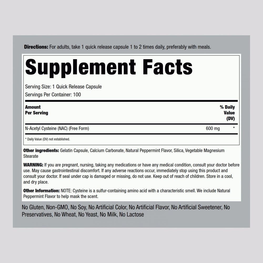 Front view of Piping Rock NAC 600mg capsules (Pack of 2)