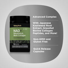 Piping Rock ingredient label detail showing resveratrol, NAD precursors, collagen