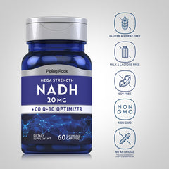 Piping Rock label detail highlighting 20 mg NADH and CoQ‑10 information