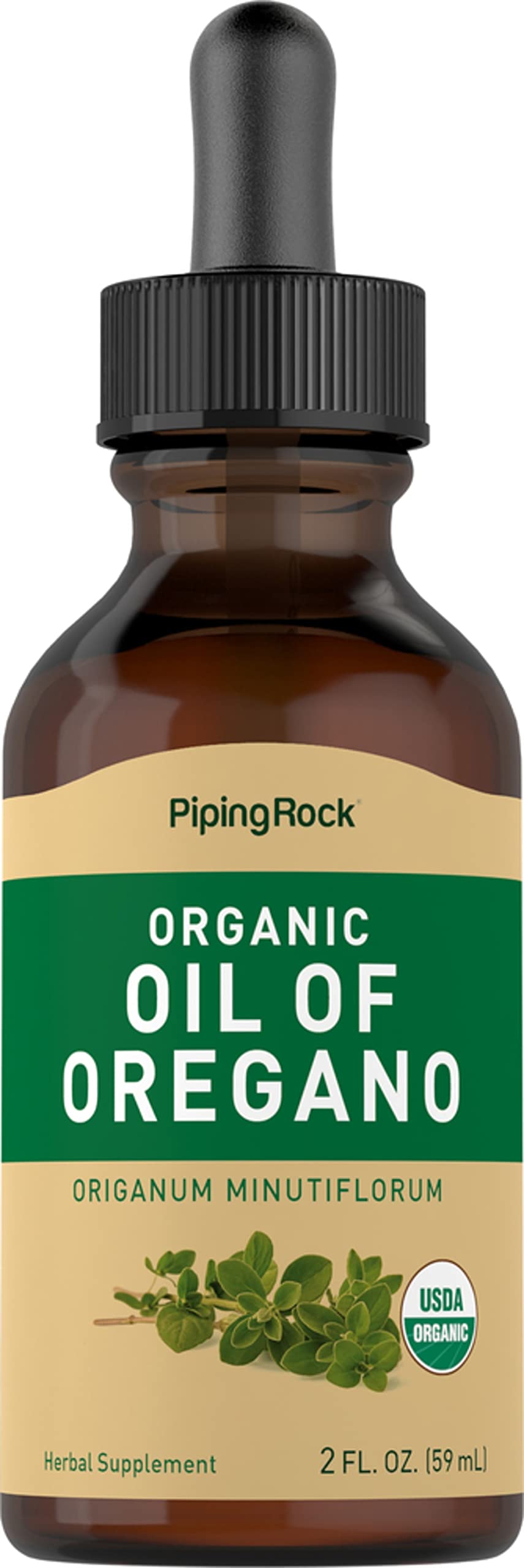 Piping Rock front bottle view showing organic oregano oil and size
