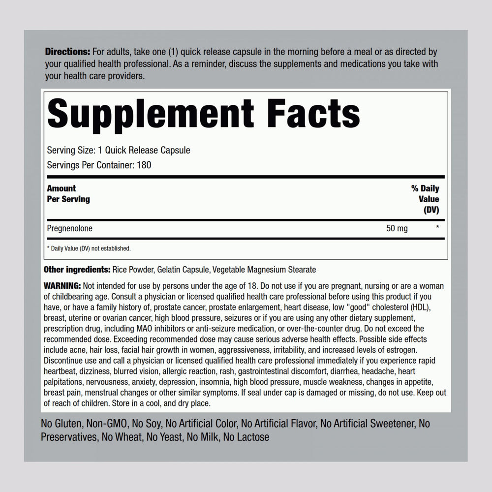 Close-up of Piping Rock Pregnenolone 50 mg capsules