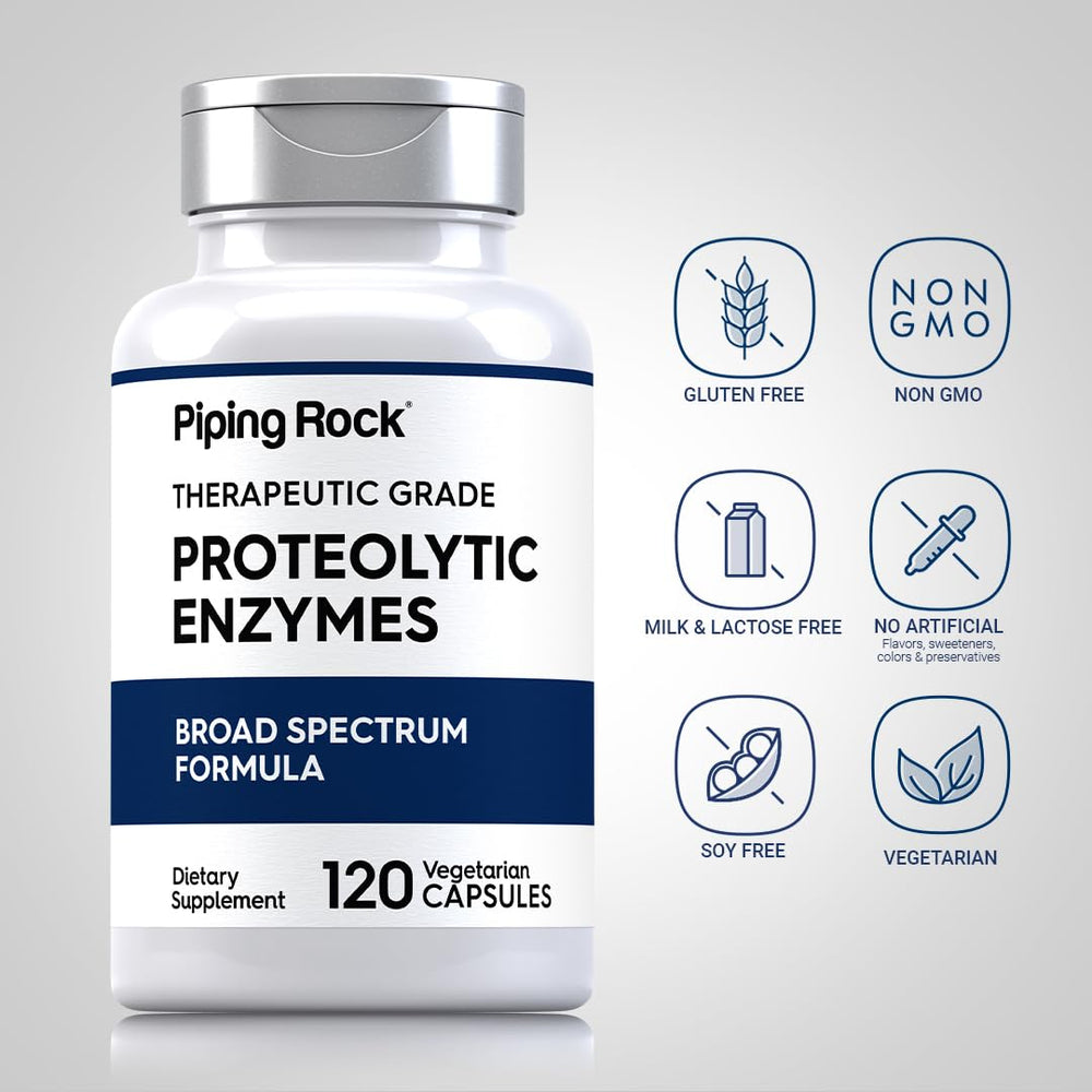 Two bottles of Piping Rock proteolytic enzymes on a white background