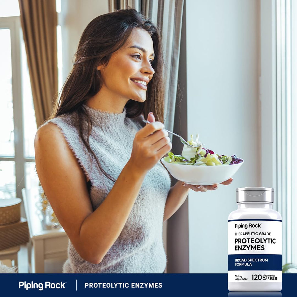 Product shot of Piping Rock proteolytic enzymes supplement branding and capsules