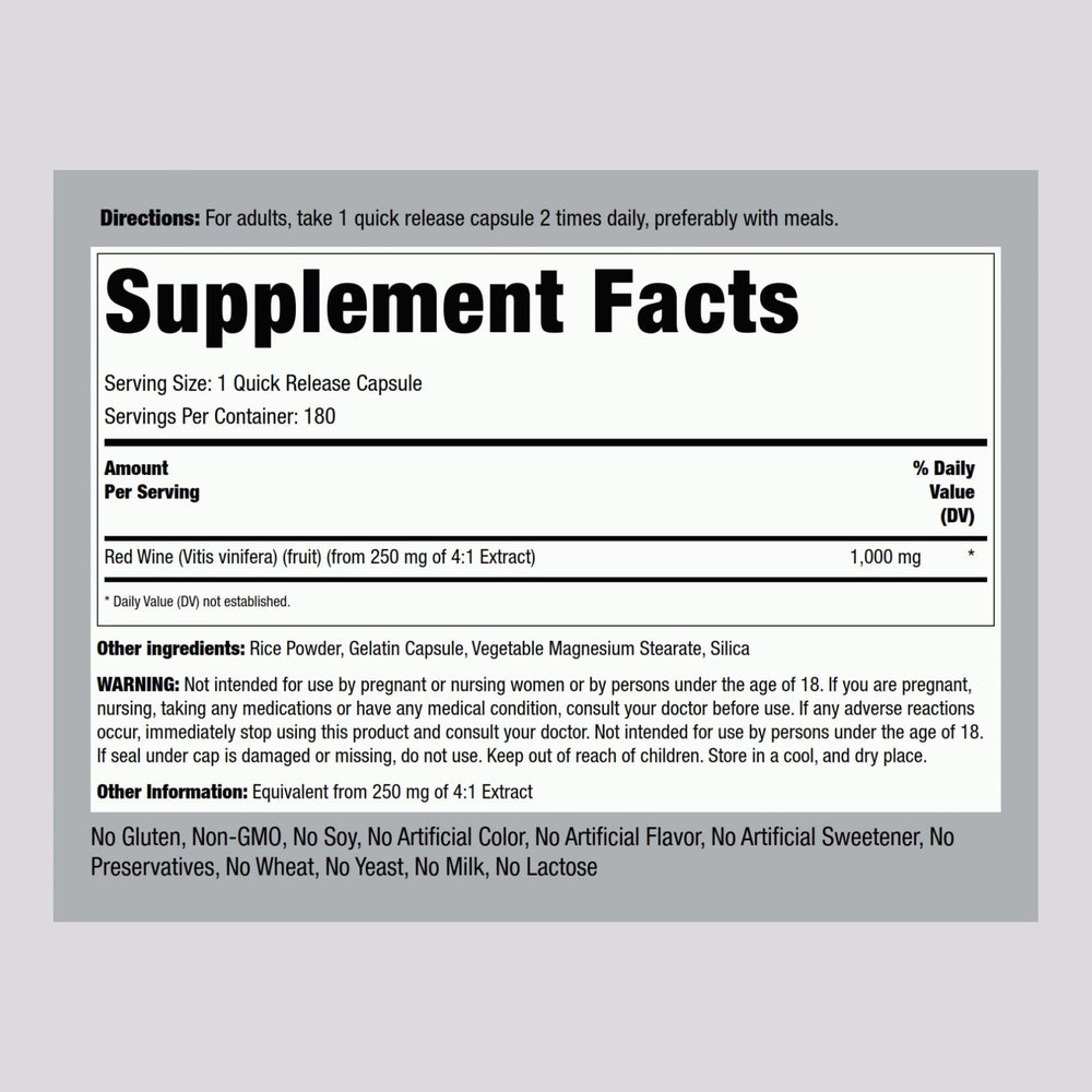 Front view of Piping Rock Red Wine Extract Capsules bottle