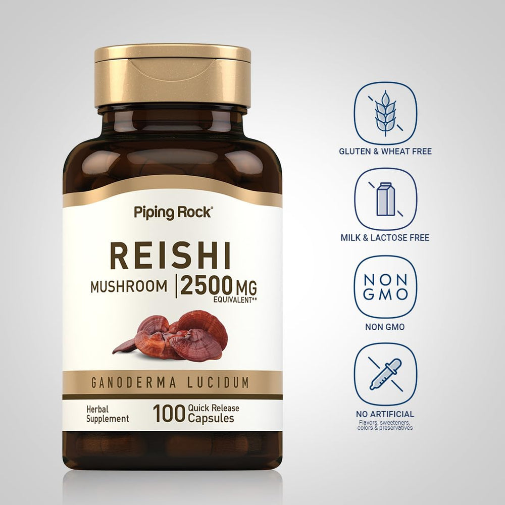 Piping Rock reishi capsule close-up showing capsule texture and reliable dosing